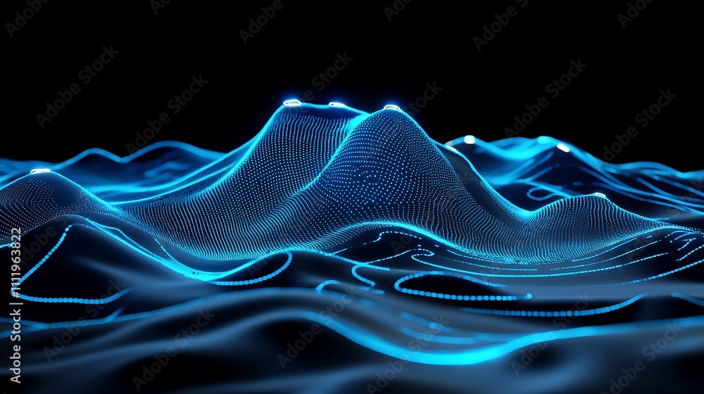 Poster abstract digital landscape with glowing blue lines and dots representing waves and peaks in a dark e