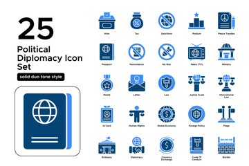 Politic Diplomacy Solid Duo Tone Icon Set: Policy Advocacy, Multilateral Agreements, and State Relations Icons