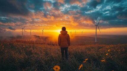 Fototapeta premium field with young girl. Green energy project.
