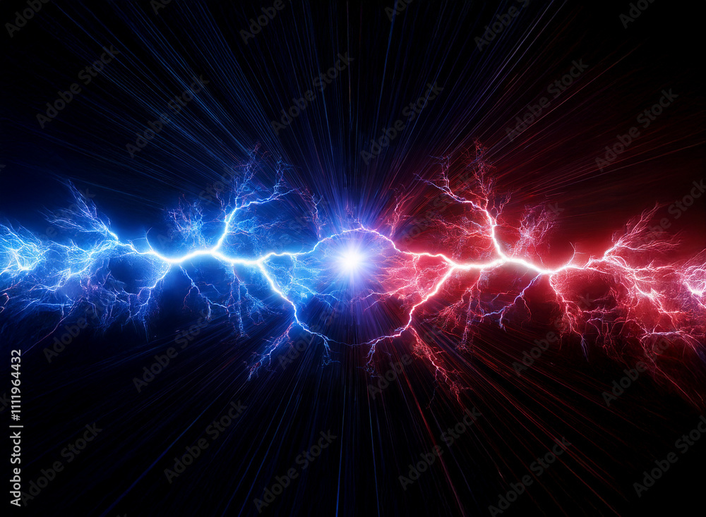 Aufkleber Clashing blue and red electric energy streams collide in a brilliant, dark background, creating a powerful visual of opposing forces.  Light bursts outwards from the central point of impact.