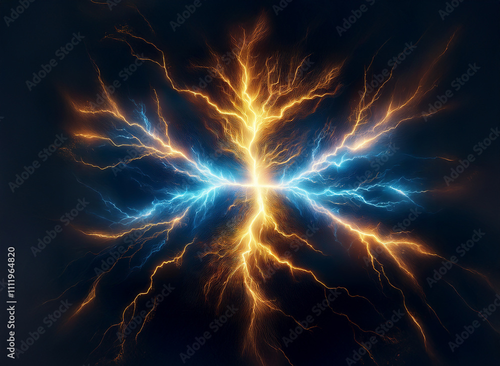 Fototapete a mesmerizing display of blue and orange electrical energy, forming a striking, symmetrical pattern 