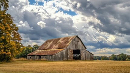 Obraz premium Rustic barn in autumnal field under dramatic sky.