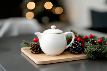 Fototapeta premium festive tea display, a lovely tea set amidst festive decor on a kitchen island, creating a cozy holiday atmosphere