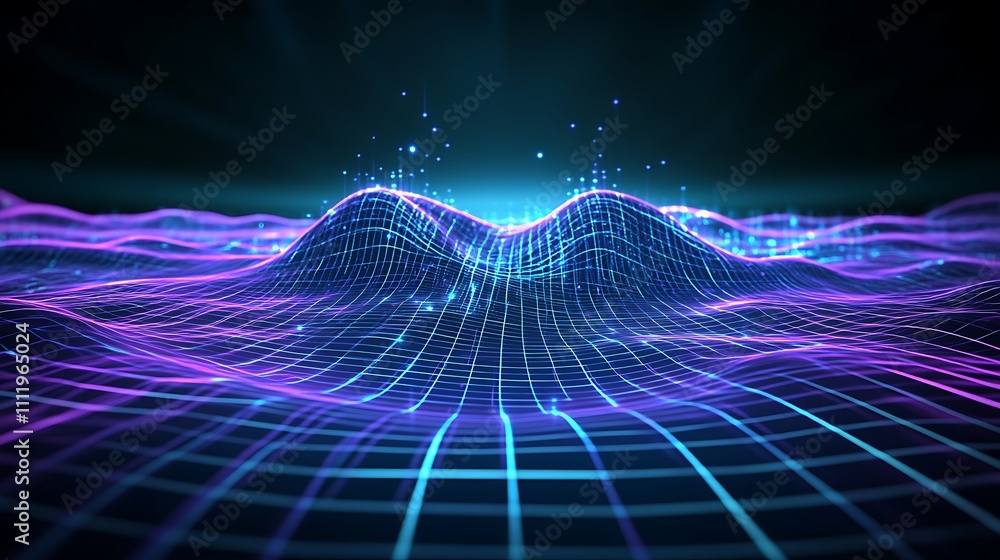 Poster abstract digital landscape with glowing waves and grid pattern in futuristic style