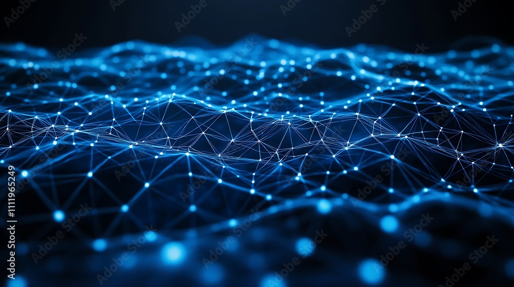 Poster abstract digital landscape with illuminated network of dots and lines in a futuristic technology env