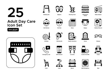 Adult Day Care Line Glyph Icon Set: Daytime Care, Enrichment Programs, and Support Services Icons