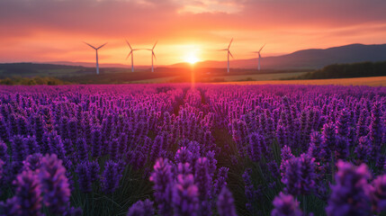 Obraz premium sunset over blooming meadow with wind turbines