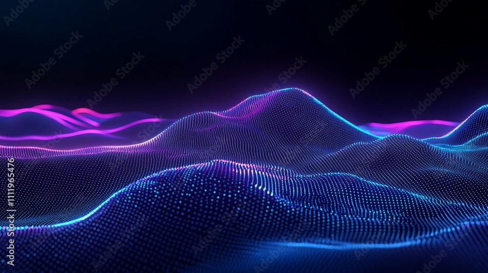 Poster abstract digital landscape with neon lights and wavy patterns in futuristic style