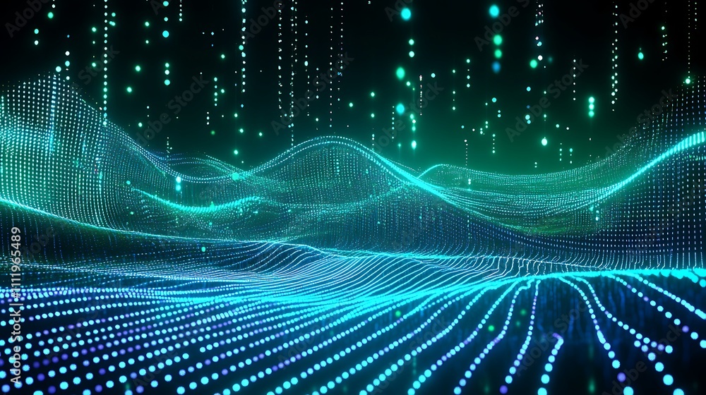 Poster abstract digital landscape with neon particles and waves in a futuristic setting