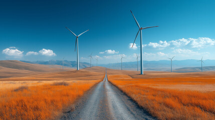 Road and field in the windmill farm at sunset, field with agricultural crop, country landscape