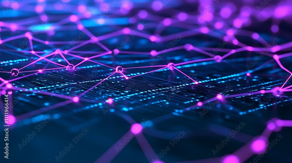 Poster abstract digital network with glowing nodes and interconnected lines in vibrant colors for technolog