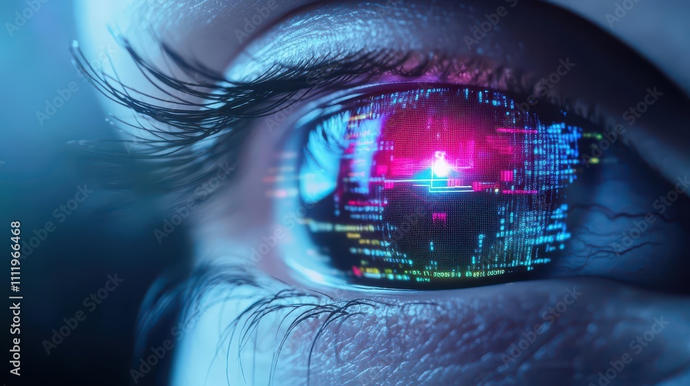 Poster Closeup of a human eye with a digital display embedded in the iris, glowing data streams, futuristic cyberpunk style