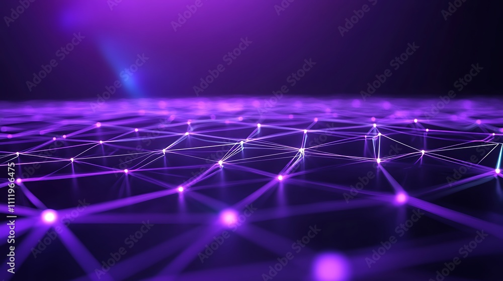 Poster abstract digital network with glowing nodes and lines in purple hue for futuristic backgrounds and t
