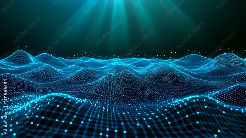 Aufkleber abstract digital ocean waves with glowing particles and light rays in a futuristic style for backgro