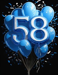 Obraz premium Blue birthday / anniversary balloon, number 58, black background with confetti