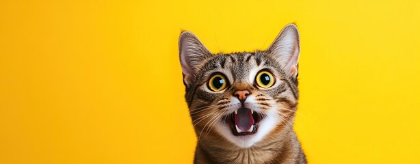 Surprised striped cat against a bright yellow background. AI generated image