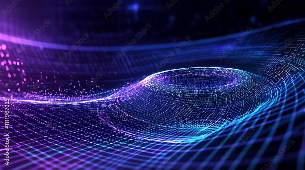 Poster abstract digital wave with vibrant colorful lines and glowing particles in a futuristic background