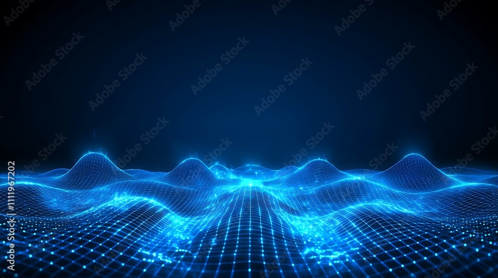 Poster Abstract Digital Waveform with Bright Blue Grid on Dark Background for Technology and Data Visualization