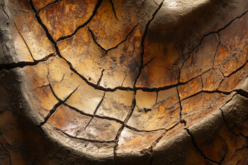 Close-up of cracked, sunbaked earth with warm orange and brown tones, highlighting the textures and...