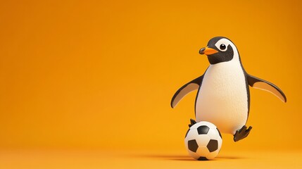 Fototapeta premium A cartoon penguin kicking a soccer ball.