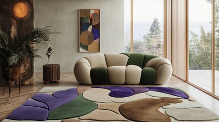 Modern living room with colorful sofa, rug, and artwork.