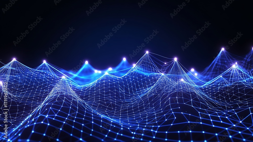 Poster abstract digital waves with glowing points and network connections in blue and black background