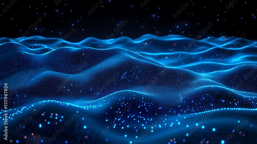 Aufkleber abstract digital waves with glowing particles on black background for futuristic design and technolo