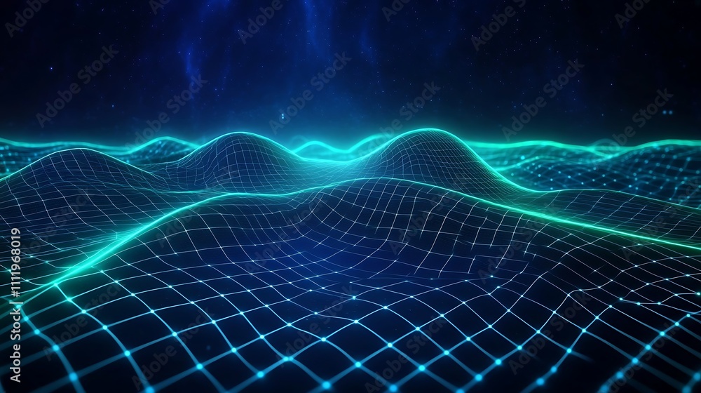 Poster abstract digital waves with neon grid and starry background in blue and green color scheme