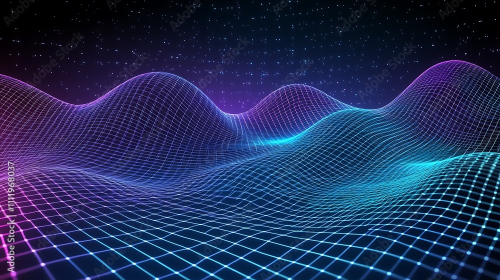 Poster abstract digital waves with neon grid and cosmic background for futuristic technology and design con