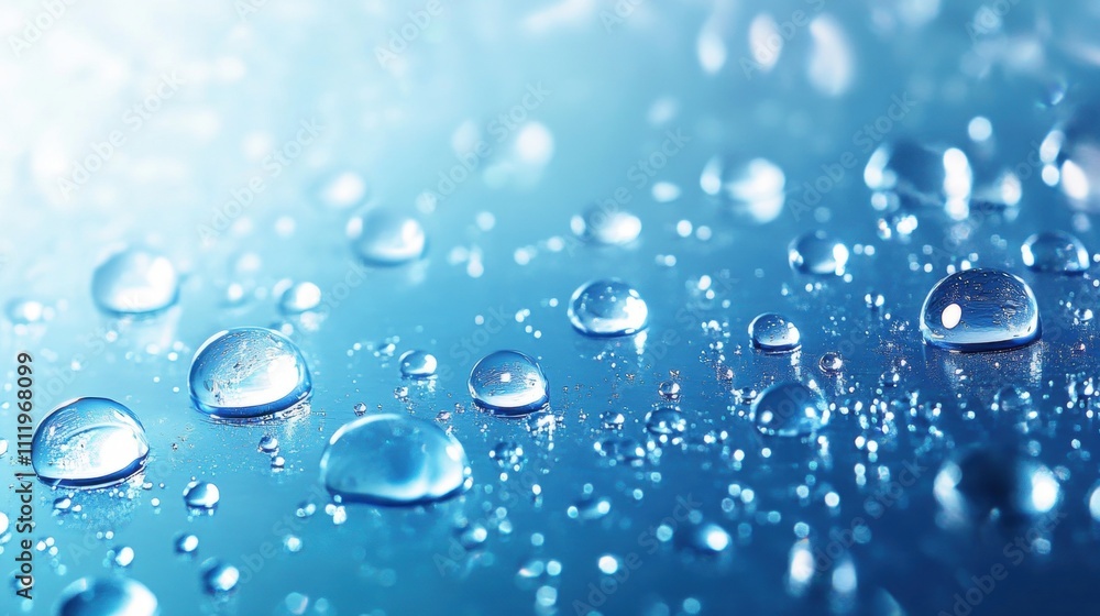 Poster close-up of shimmering water droplets on a smooth blue surface, creating a refreshing and tranquil m
