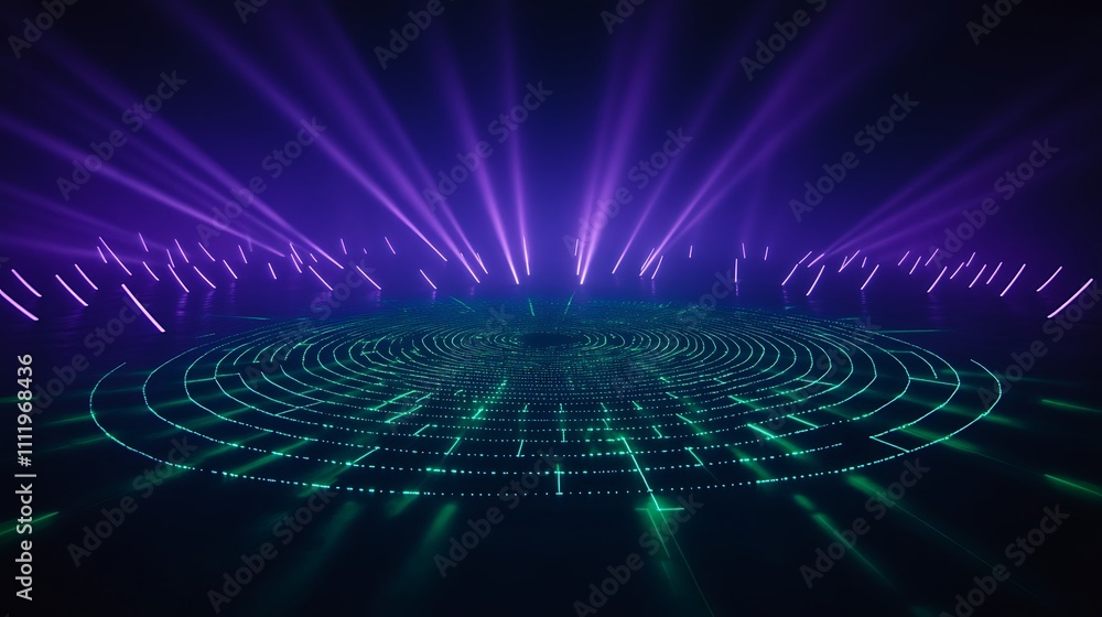 Poster abstract futuristic background with pulsing lights and geometric patterns in purple and green hues