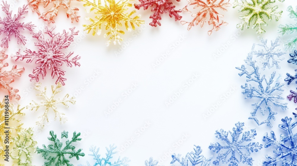 Fototapete rainbow colored snowflakes with detailed patterns form a decorative frame, leaving space for persona