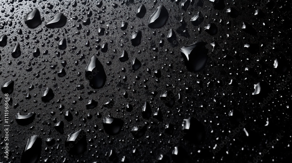 Poster close-up of rain droplets on a dark surface, creating a dramatic texture and depth.