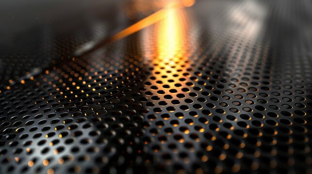 Close up of a curved perforated metal surface reflecting an intense orange light, creating an abstract and industrial background