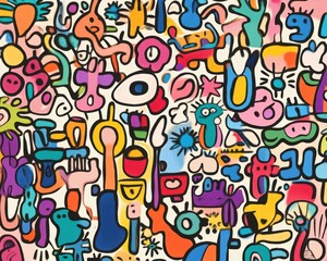 Print featuring naive childish drawings with colorful doodles and playful whimsical designs