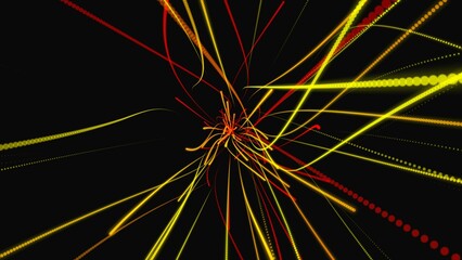 Flying through moving particle spiral abstract background. Particles rotate in spiral and fall to a growing bright light.