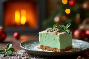 Elegant Mint Green Mousse Cake with Holiday Decorations Against Cozy Fireplace Setting