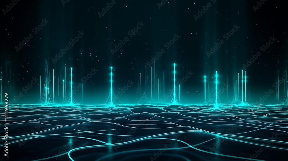Poster abstract glowing blue lines and waves over a dark starry background creating a sci-fi landscape effe
