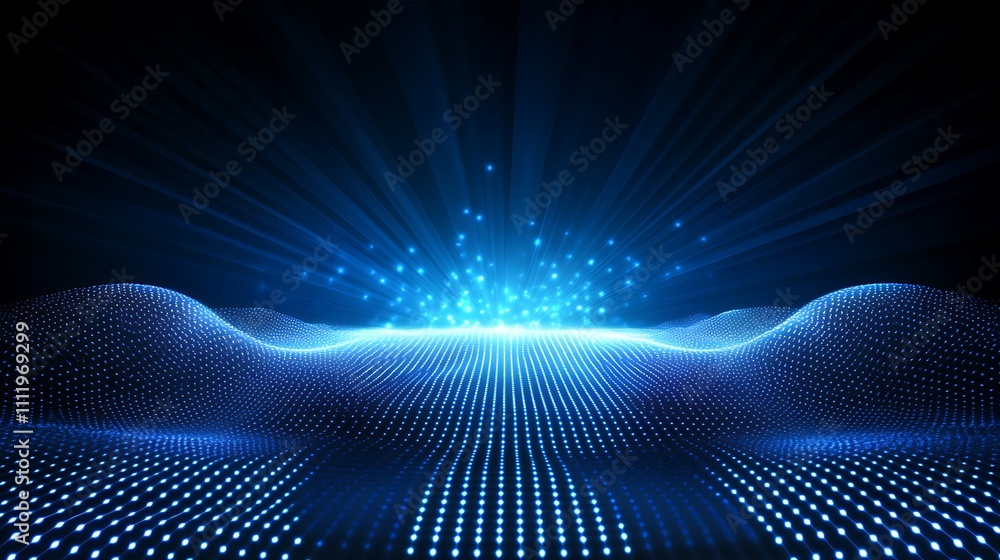 Aufkleber abstract glowing blue particles on undulating waves creating a futuristic background with radiant li