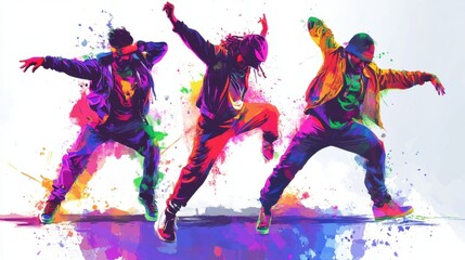 Three male dancers showcase energetic street dance moves against a vibrant, colorful backdrop.