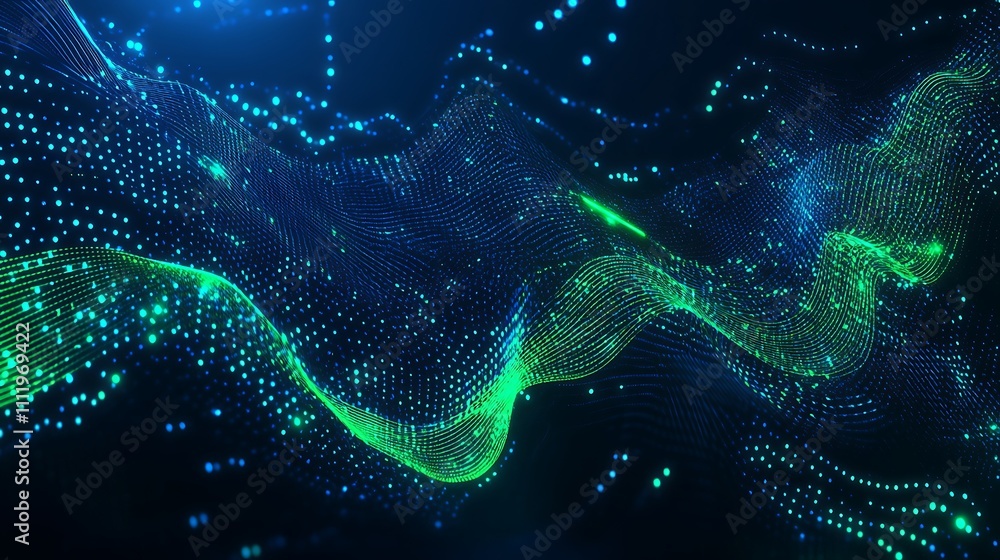Poster abstract glowing waves and particles in blue and green tones creating a futuristic digital backgroun