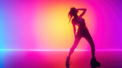 Silhouette of a young woman striking a dance pose against a vibrant sunset gradient background.