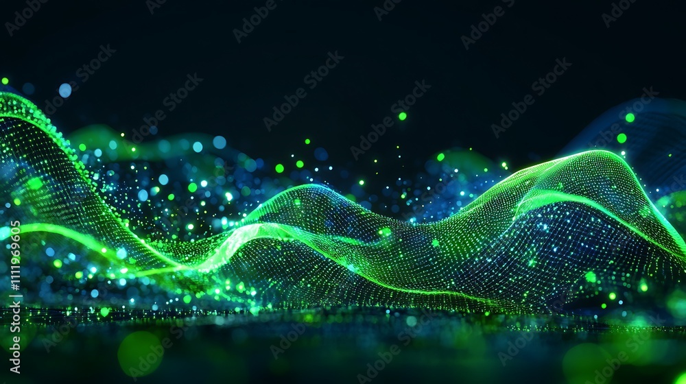 Poster abstract green wave lines with sparkling lights and bokeh effects for background and digital design