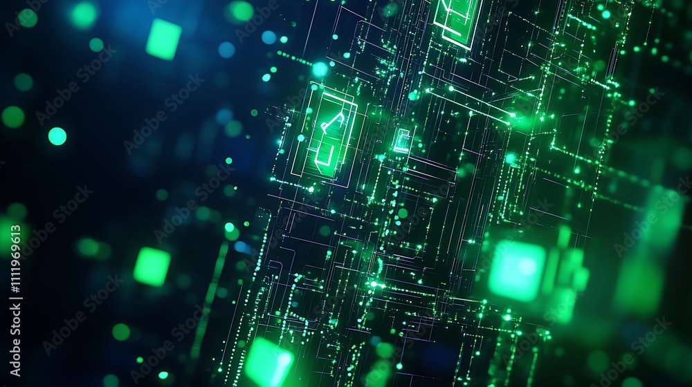 Aufkleber abstract green digital technology background with glowing circuits and data points in a futuristic s