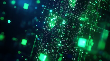Naklejka premium Abstract Green Digital Technology Background with Glowing Circuits and Data Points in a Futuristic Style