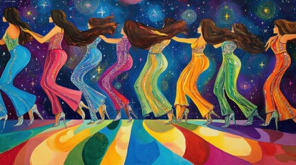 Obraz premium Colorful dancers in vibrant outfits glide across a cosmic backdrop, embodying joy and celebration.