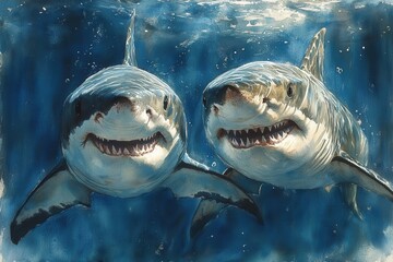 Two smiling sharks swimming underwater, showcasing their playful demeanor.