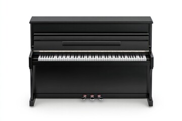 Classic black upright piano isolated on white background.