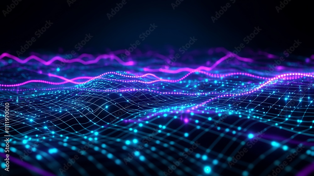 Poster abstract neon wave pattern with glowing dots and lines for futuristic background or technology illus