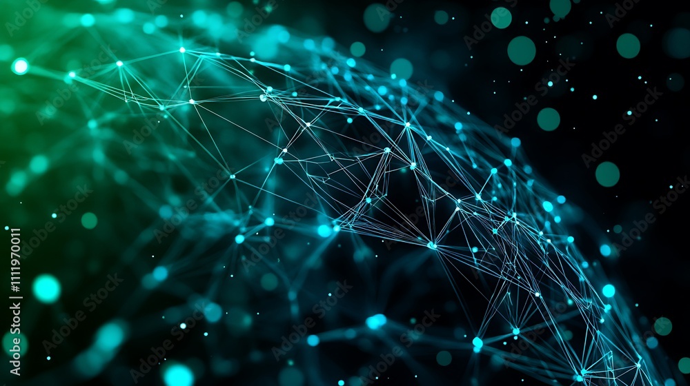 Poster abstract network connection in green and blue with floating particles and geometric patterns in dark
